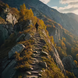 a person hiking up a mountain with trees in the background