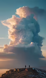 people walk down the slope as large clouds drift in