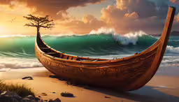 a painting with a boat on the shore,an artistic painting of a canoe on a beach with a tree growing in it