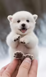 the puppy is standing on its hind legs