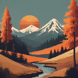 a river surrounded by mountains with trees on both sides,a painting of the sun setting over a mountain