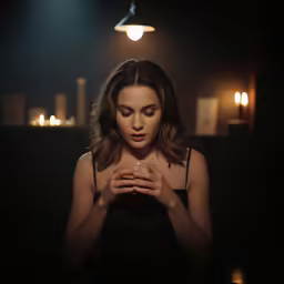 a woman with her hands together praying in a dimly lit room