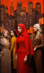 three ladies in coats standing in front of an city skyline