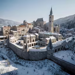 an aerial view of an old castle with a mountain in the background