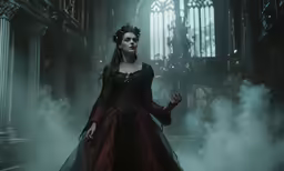 the woman in a gown is standing on the stage