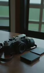 a camera on a table with two laptops and an iphone