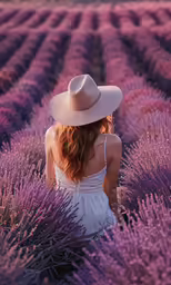 a woman is sitting on the lavender field wearing a hat