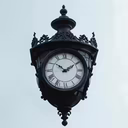 a clock hanging from the side of a street light