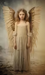 a young girl standing in a desert with wings over her head