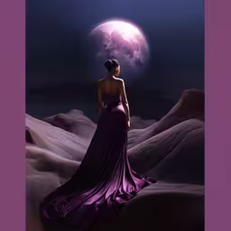 woman in purple dress standing at beach looking into the moon,a woman in purple dress on purple background