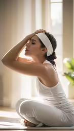 woman wearing white outfit posing on floor near window