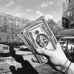 man holding up twenty dollar bills in a parking lot,a hand holding a bundle of hundred dollar bills