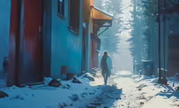a woman walking in a snow covered alley with buildings