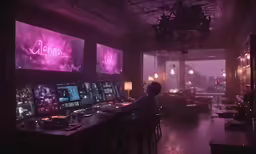 a man is working on a computer in a dimly lit room