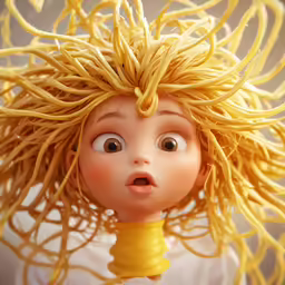 a close up view of a doll with noodles on her hair