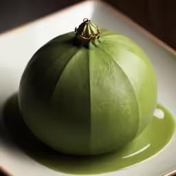 a green apple sitting on top of a white plate