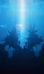 blue digital illustration with a forest and stars