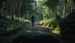 a man in black jacket riding on a bicycle down a path