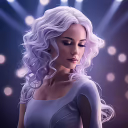 a woman in a grey dress with purple hair and lights