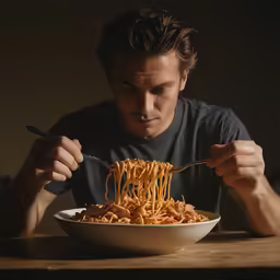 a man is sitting down eating some noodles