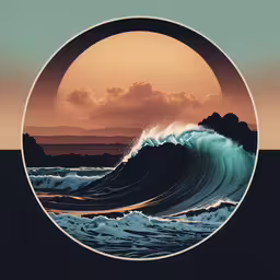 an orange, blue and black sunset with the ocean waves in the center of the circle,this is a large blue wave in the ocean