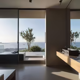 bathroom with glass and wood and large window view