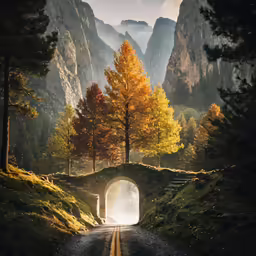 a tunnel through a mountain landscape with a tree and mountains