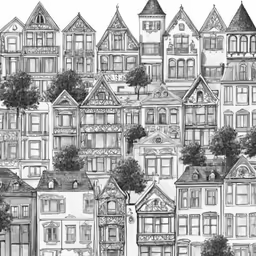 black and white drawing of some buildings with trees