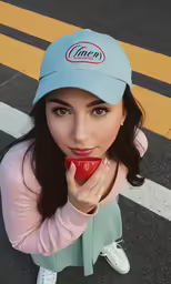 woman wearing a hat holding a coffee cup