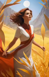 an art print of a lady in white and orange walking through tall grasses