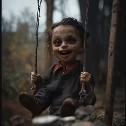 a child with makeup and hands swings on a swing