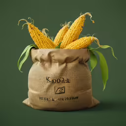 a bag full of corn on the cob, it has been placed on a green background