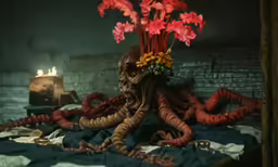 there is a octopus with an elaborate headdress and flowers