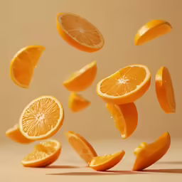 a bunch of orange slices flying into the air