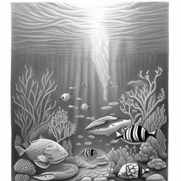 an ocean scene drawing shows fish swimming and reefs