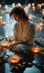 a woman sitting on top of a pond surrounded by candles