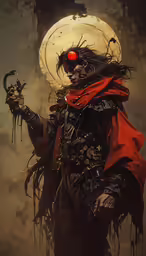 a person with a weird and creepy face wearing a red hat and holding a wand
