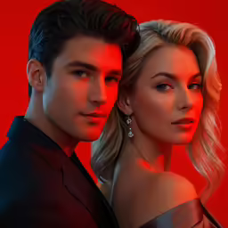 a couple looking at the camera while they pose for a photo