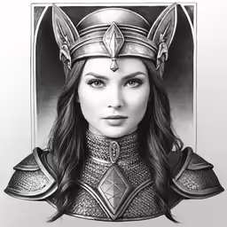 a portrait drawing of the head and shoulders of a woman in armor with a horned helmet