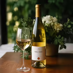 a bottle of wine sitting next to a glass