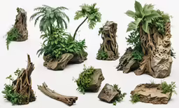 a variety of miniature tree stumps with plants