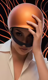 a woman holds her helmet to her face