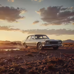 an old silver car parked in the dirt at sunset