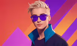 a woman with blonde hair wearing purple sunglasses and a black jacket,the girl with blonde hair wearing sunglasses poses for the camera