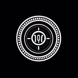 white circle with letters inside it on a black background