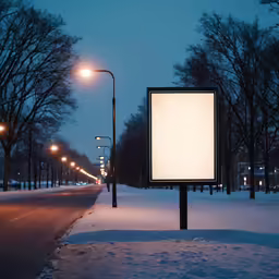 this is an empty street with a street lamp on the side and billboard