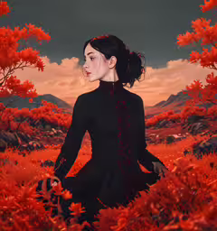 there is a digital painting of a woman standing in the middle of a field,a girl sitting down in an open field next to trees