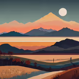 a poster of the silhouettes of a mountain landscape at sunset,an art print of a mountain and lake at sunset