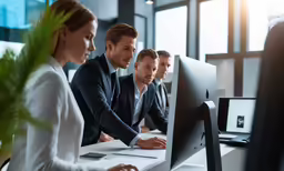 two men and one woman in front of a computer monitor
