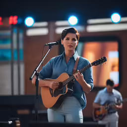 a woman playing a guitar in front of a microphone